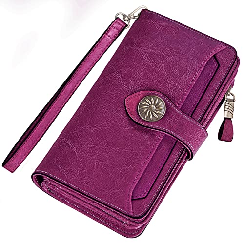 Travelambo Womens Wallet Large Capacity RFID Blocking Genuine Leather Wristlet Wallets