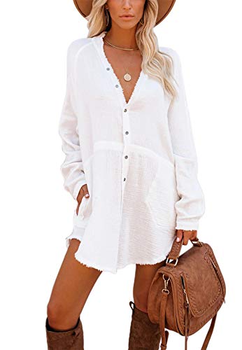 iGENJUN Women s Long Sleeve Beach Cover-ups Button Down Oversized Tunic Dress Shirt Boho Dresses with Pockets