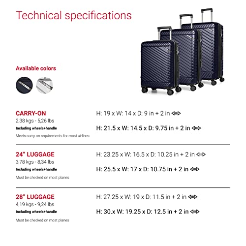 BUGATTI Oslo Collection 3 Piece Hard Shell Luggage Set, Polycarbonate Expandable Suitcases with 360-Degree Spinner Wheels, 20 Inch Carry On, 24 Inch Mid-size, 28 Inch Large Bags, Navy