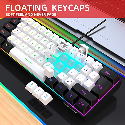 Snpurdiri 60% Wired Gaming Keyboard, RGB Backlit Ultra-Compact Mini Keyboard, Waterproof Small Compact 61 Keys Keyboard for PC/Mac Gamer, Typist, Travel, Easy to Carry on Business Trip(Black-White)
