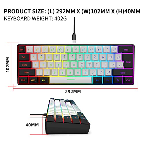 Snpurdiri 60% Wired Gaming Keyboard, RGB Backlit Ultra-Compact Mini Keyboard, Waterproof Small Compact 61 Keys Keyboard for PC/Mac Gamer, Typist, Travel, Easy to Carry on Business Trip(Black-White)