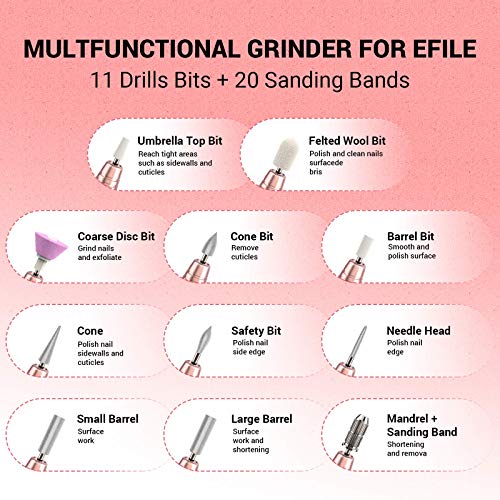 MelodySusie Electric Nail Drill Machine 11 in 1 Kit, Portable Electric Nail File Efile Set for Acrylic Gel Nails, Manicure Pedicure Tool with Nail Drill Bits Sanding Bands Dust Brush, Gold
