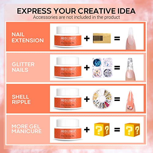 Modelones Builder Nail Gel - 2oz Clear Hard Gel for Nails, Nail Extension Gel Nail Kit Acrylic Gel Nail Strengthen Gel Nail Art Manicure Set with 100PCS Nail Forms and Dual-use Acrylic Nail Brush Professional DIY at Home