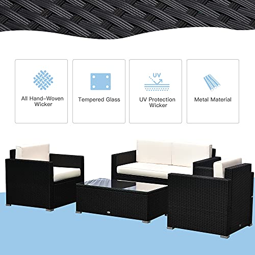 Outsunny 4-Piece Cushioned Patio Furniture Set, with 2 Chairs, Loveseat, and Glass Coffee Table, Rattan Wicker, Black