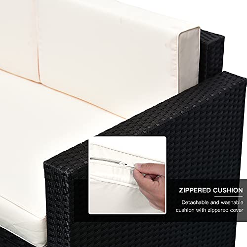 Outsunny 4-Piece Cushioned Patio Furniture Set, with 2 Chairs, Loveseat, and Glass Coffee Table, Rattan Wicker, Black