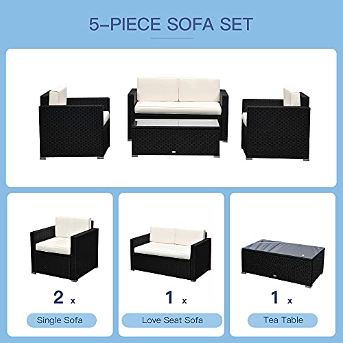 Outsunny 4-Piece Cushioned Patio Furniture Set, with 2 Chairs, Loveseat, and Glass Coffee Table, Rattan Wicker, Black