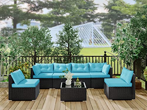 Allewie Patio Furniture Set 7 Pieces Outdoor Furniture with Seat Cushions and Tempered Glass Coffee Table, Wicker Patio Conversation Sets for Backyard, Porch, Balcony, Poolside, Blue & Black